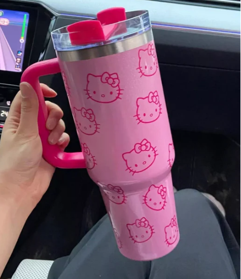 Stylish & Durable Hello Kitty 40oz Stainless Steel Pink Vacuum Insulated Travel Tumbler with Handle & Straw for Coffee, Tea & More